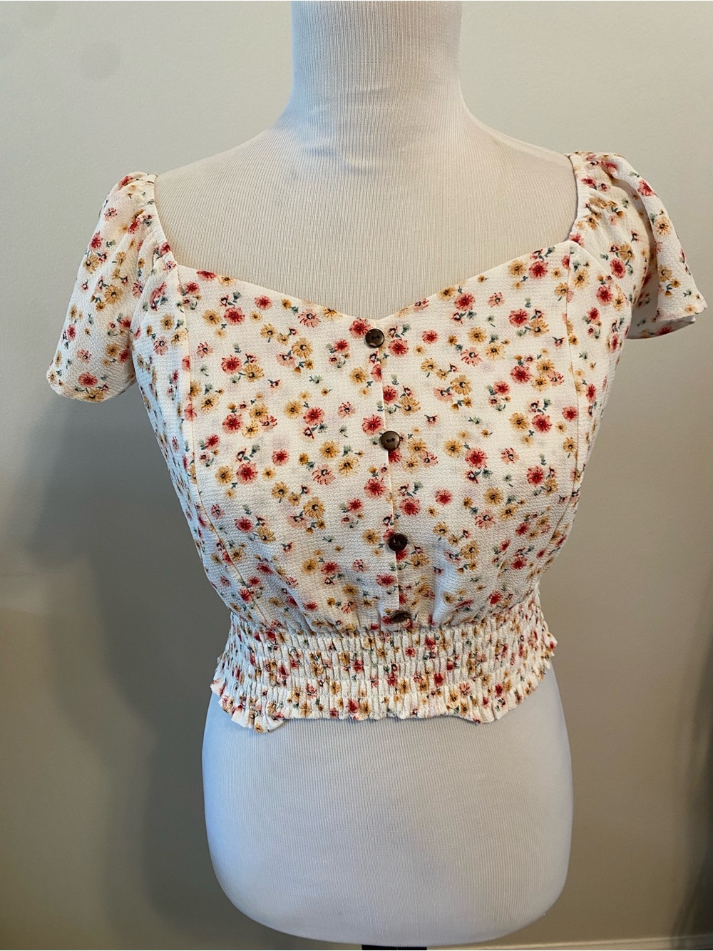 Monteau White Floral Button Smocked Crop Top with Pink & Yellow Flowers